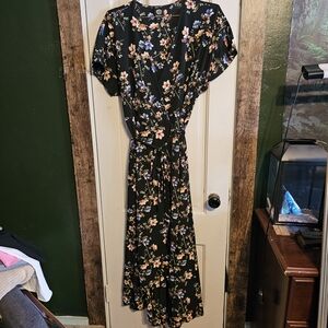 bobeau Black Floral Wrap Maxi Dress with Peach and Blue Blossoms